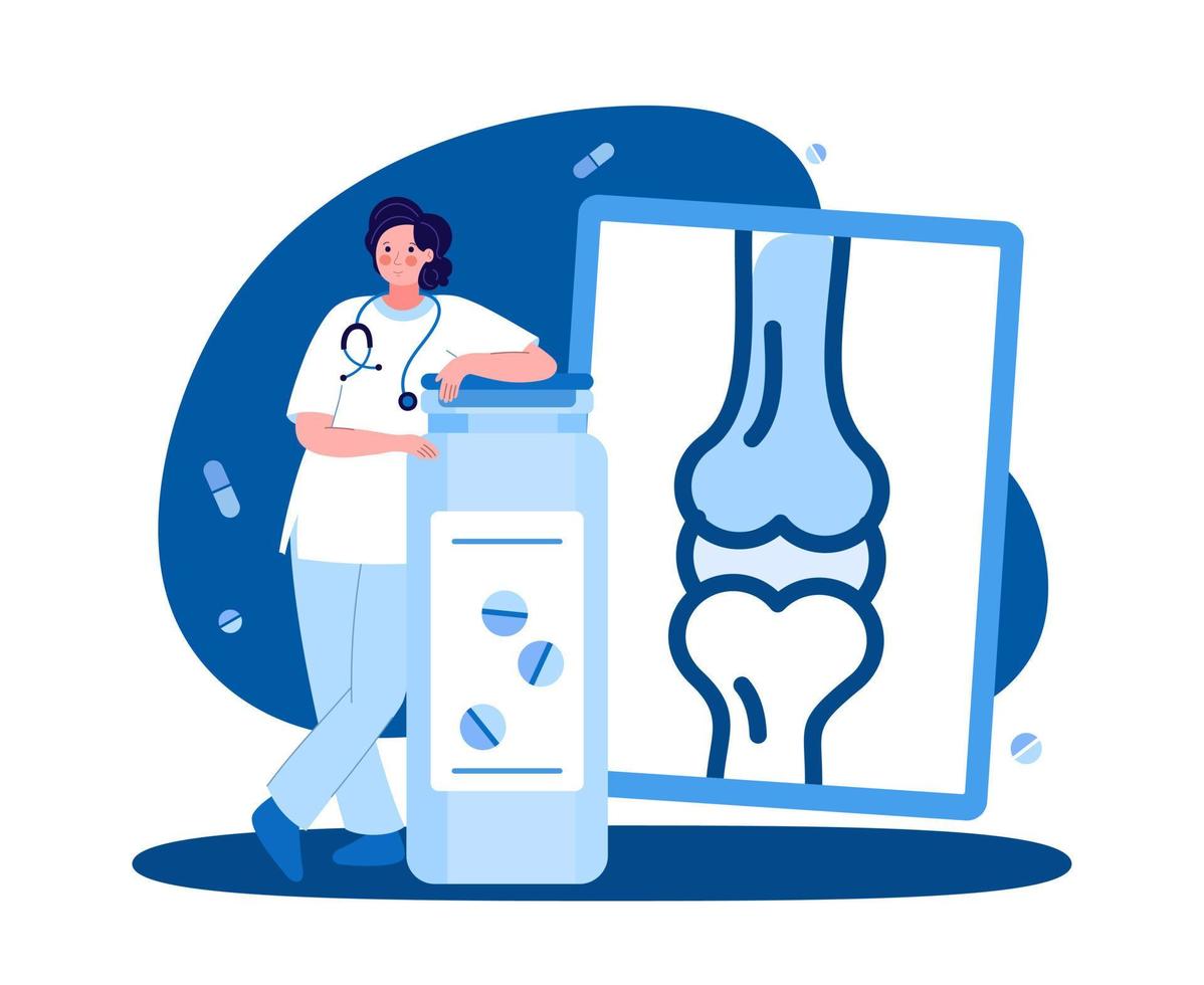 A female medical worker. Rheumatologist with a tablet. The concept of medicine and health. Vector illustration in a flat style on a blue background