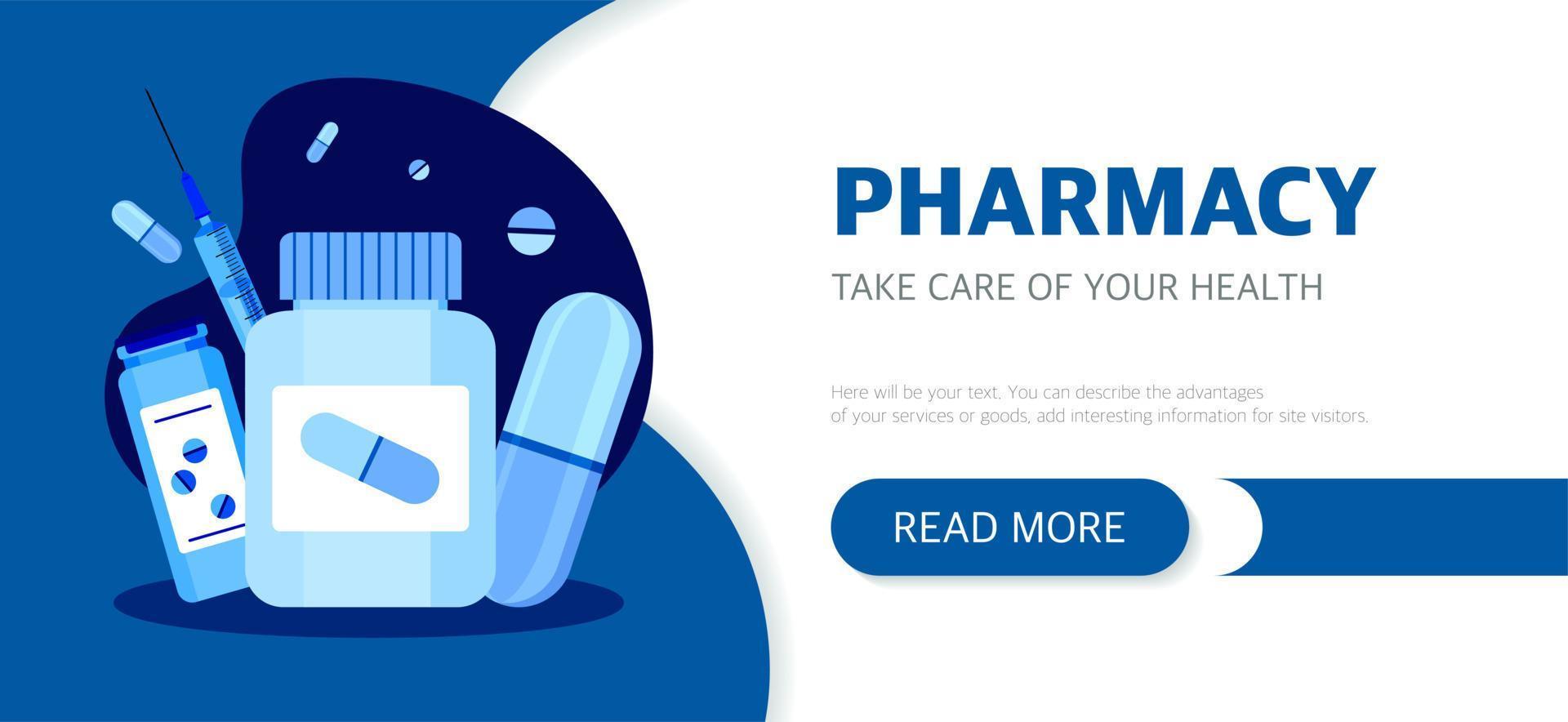 Landing page of the pharmacy website. The concept of medicine and health. Vector illustration in a flat style on a blue background