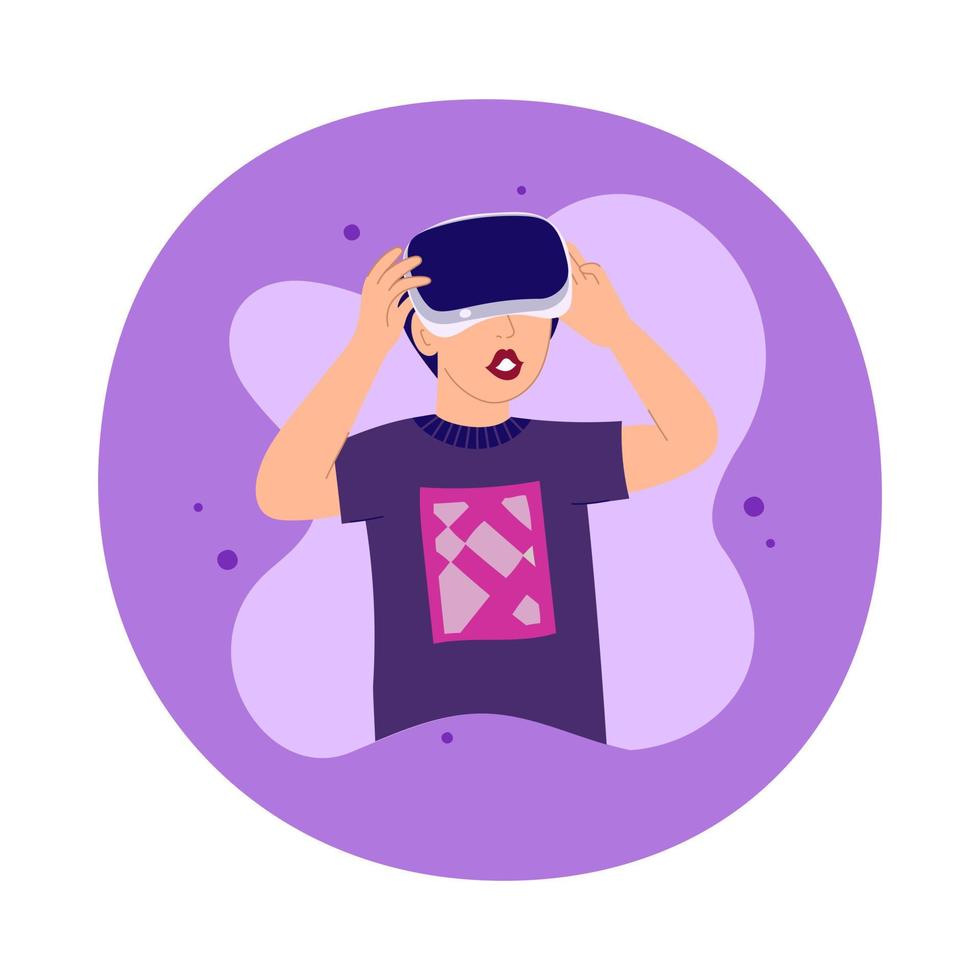 A teenage boy wearing vr glasses. The concept of the metaverse. Technologies of virtual reality games. Vector illustration in a flat style