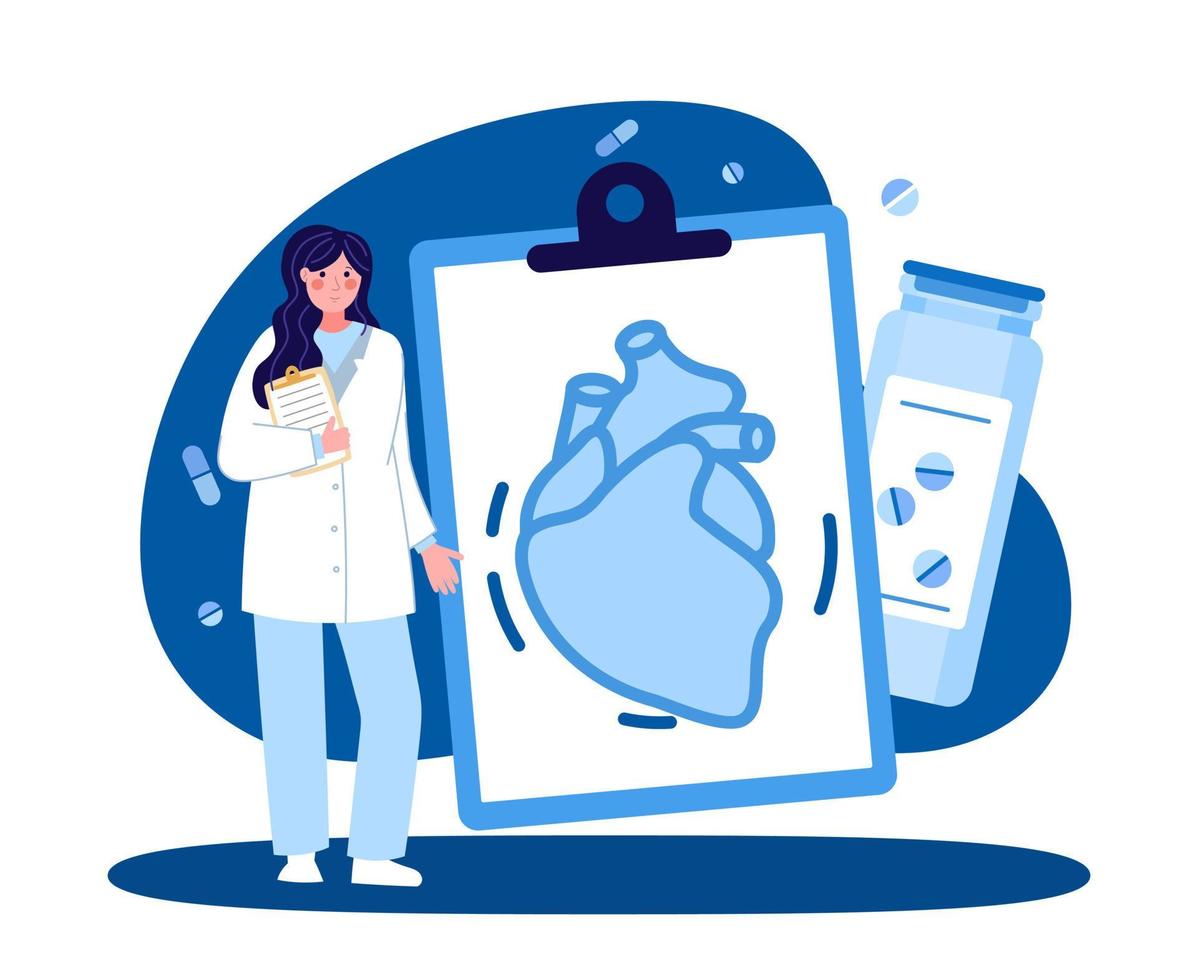 una trabajadora médica. cardiólogo con una tableta. el concepto de medicina y salud. ilustración vectorial en un estilo plano sobre un fondo azul vector