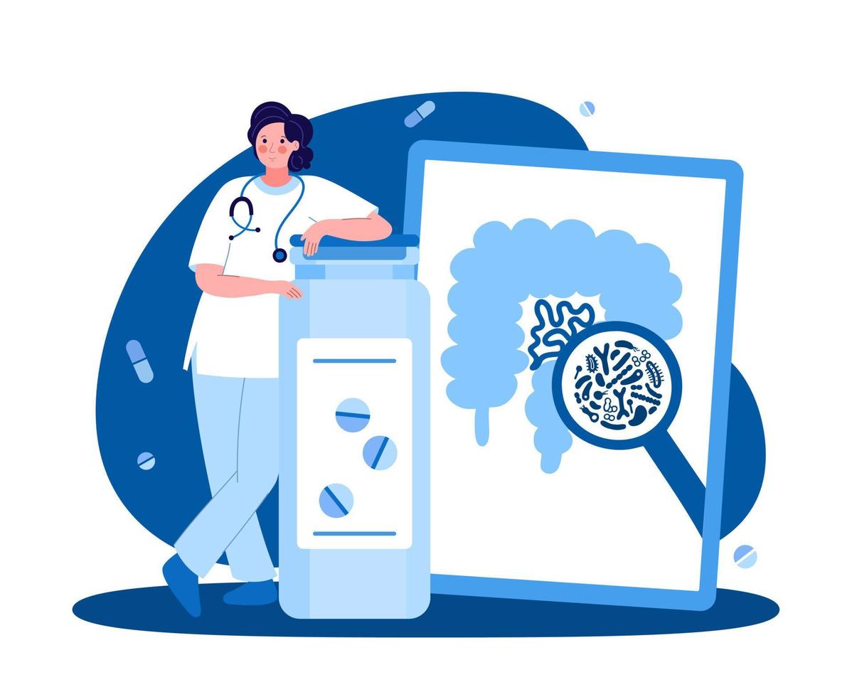 A female medical worker. Gastroenterologist with a tablet. The concept of medicine and health. Vector illustration in a flat style on a blue background