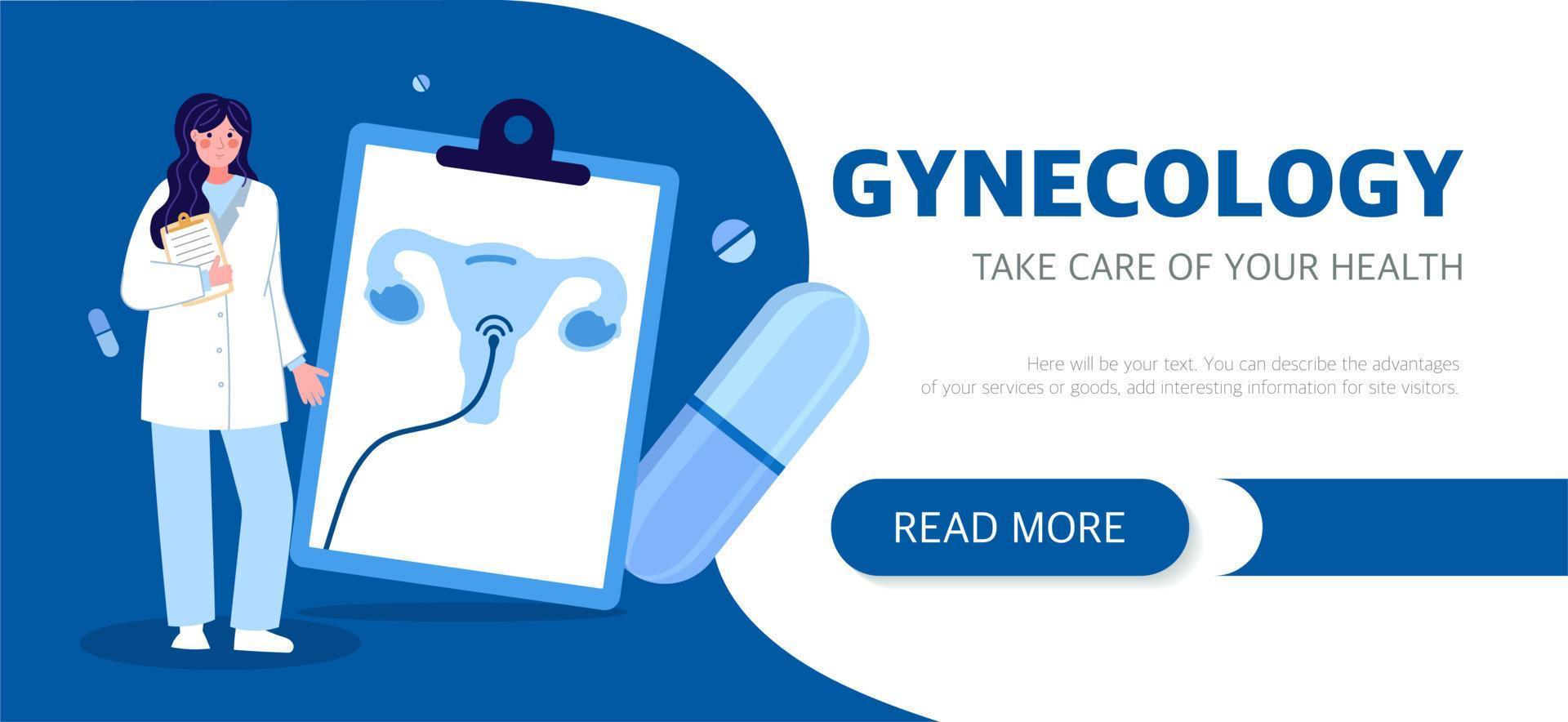 Landing page of the gynecologist website. The concept of medicine and health. Vector illustration in a flat style on a blue background