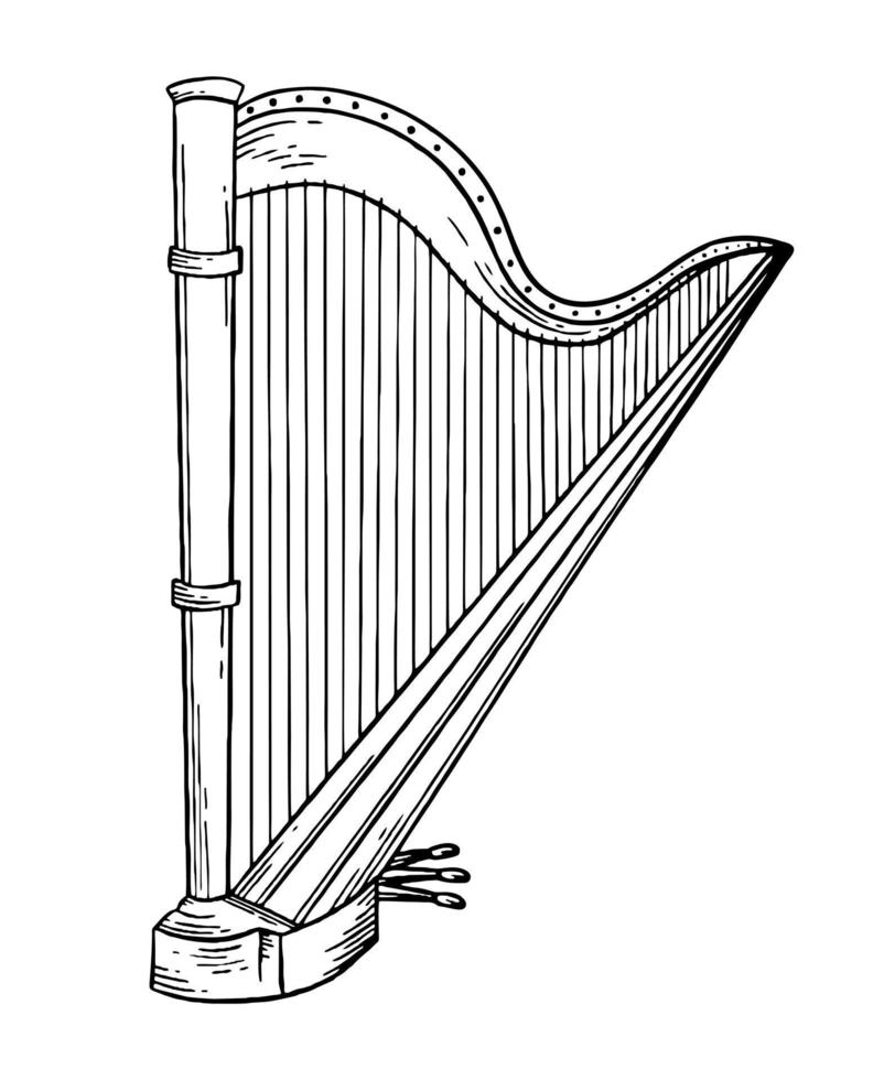 Harp musical instrument style hand drawn. Vector black and white doodle illustration