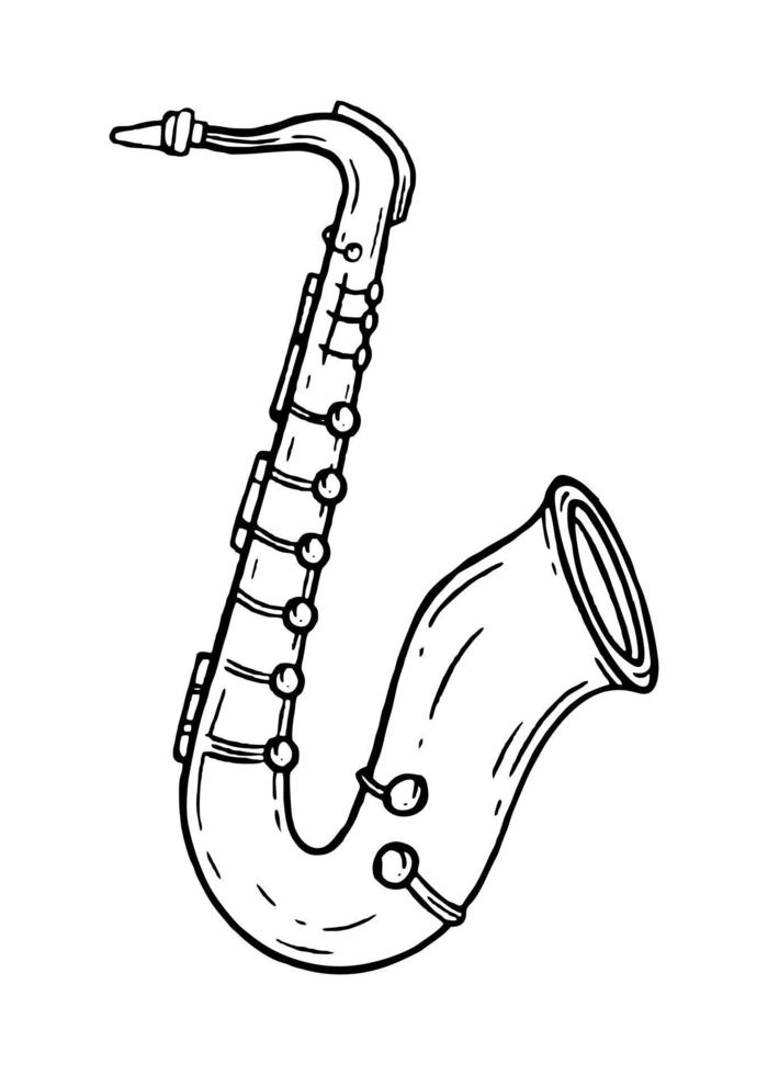 The saxophone is a musical instrument in the style of hand drawn. Vector black and white doodle illustration