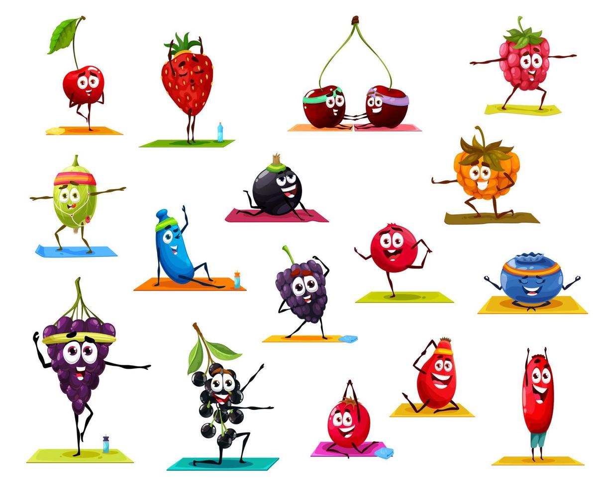 Cartoon berry fruits characters in yoga poses vector