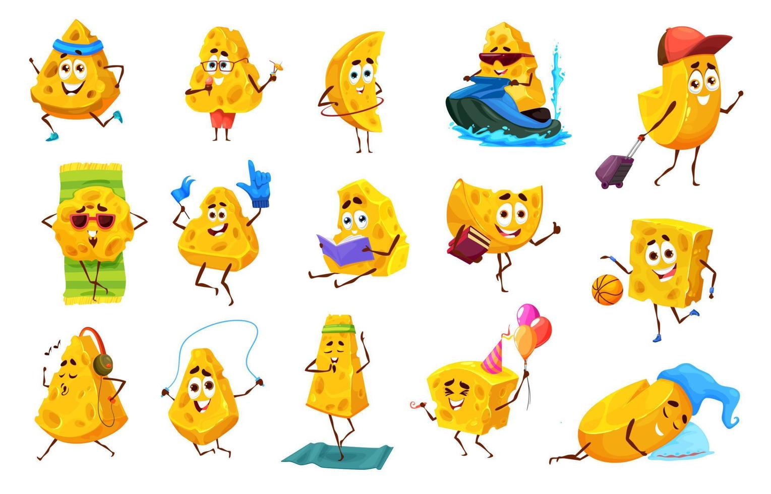 personajes de queso de dibujos animados sobre deporte, relax, ocio vector