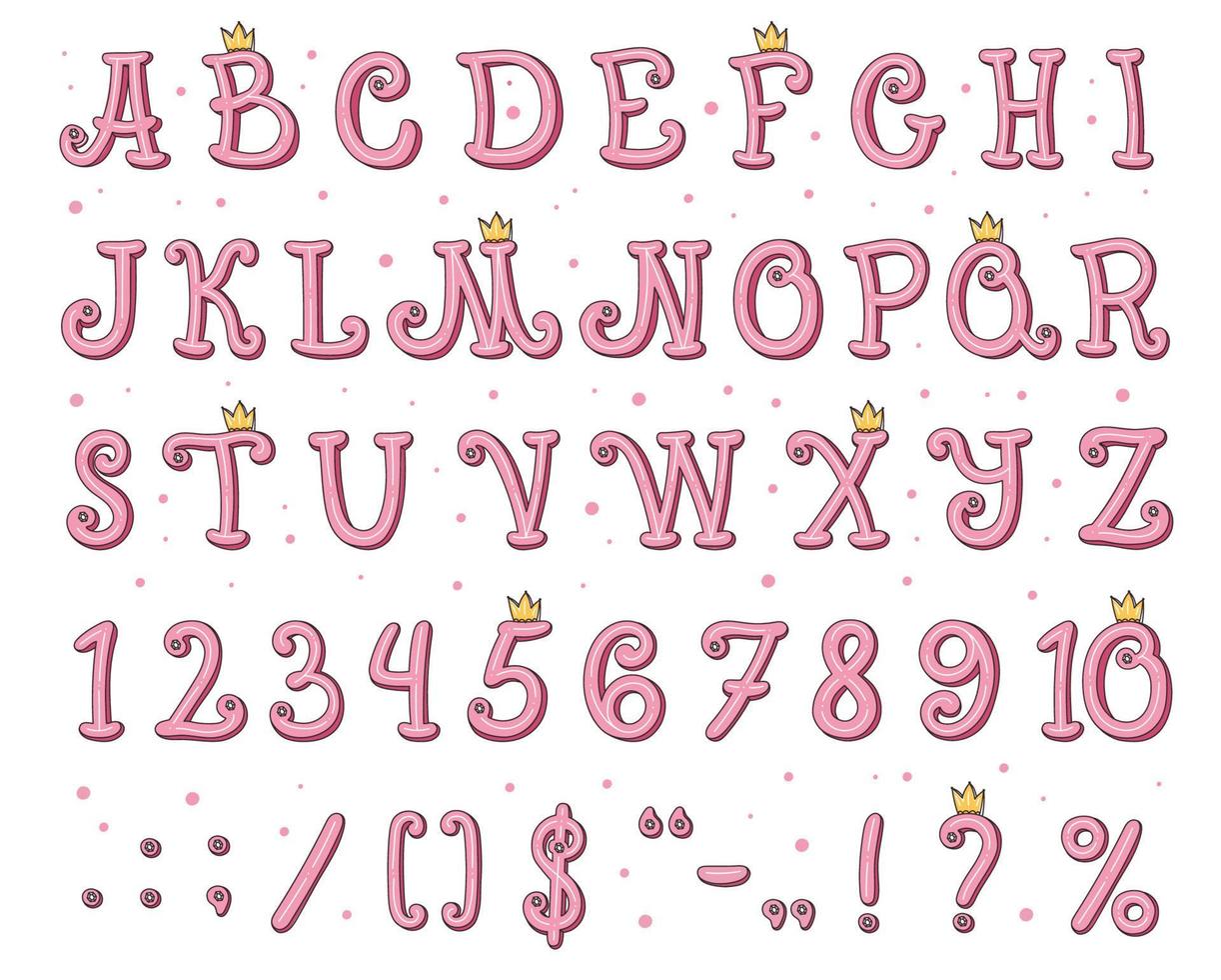 Princess font alphabet, pink text and girl letters vector