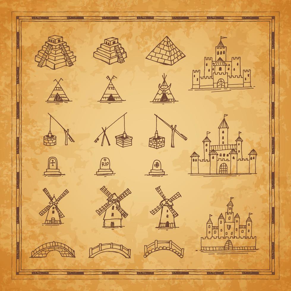 castillo de mapa vintage, pirámide, bocetos de puente vector