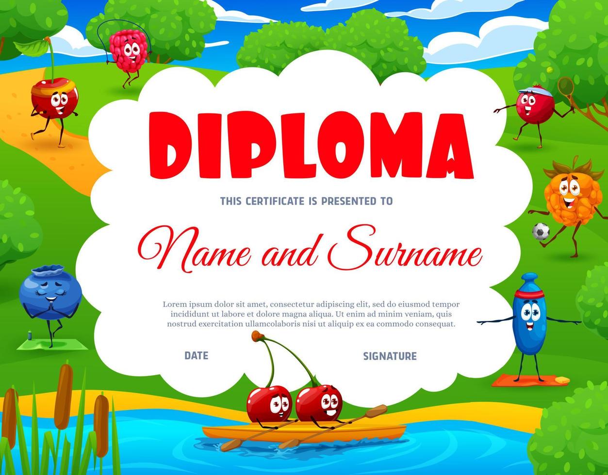 Kids diploma with berry characters on summer lake vector