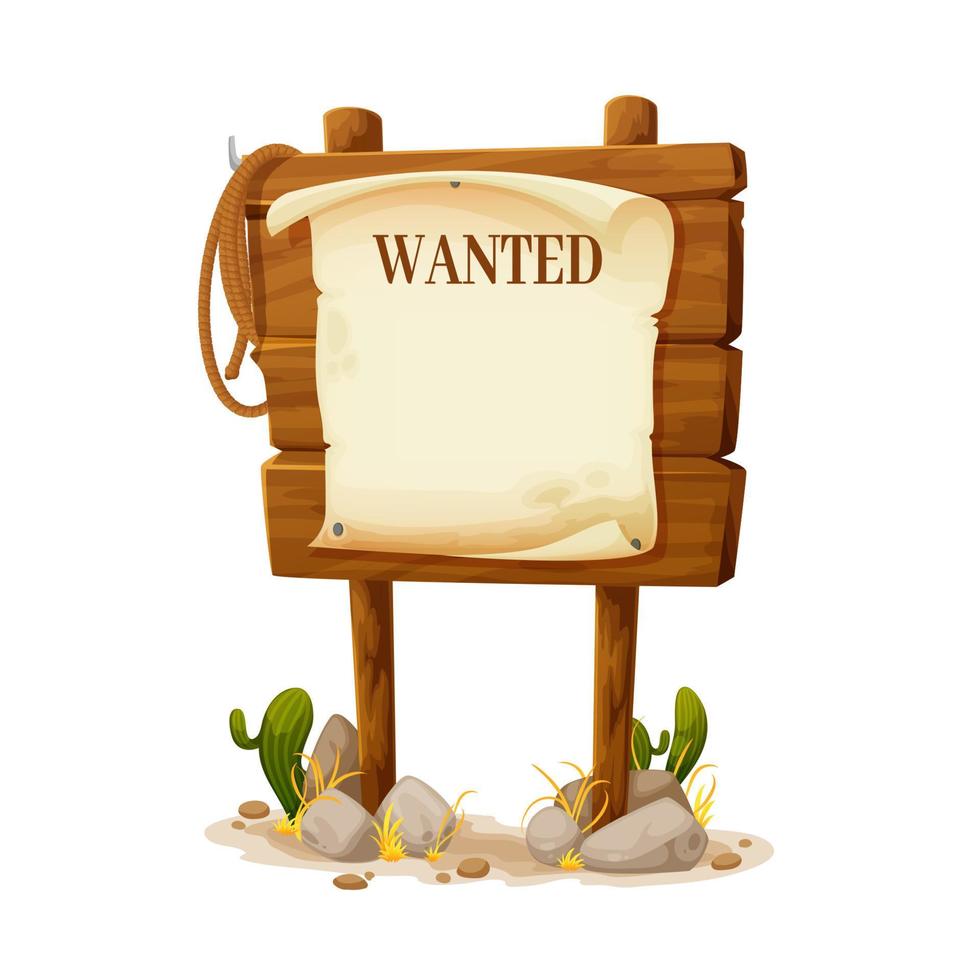 Cartoon Wild West wanted board, dead or alive sign vector