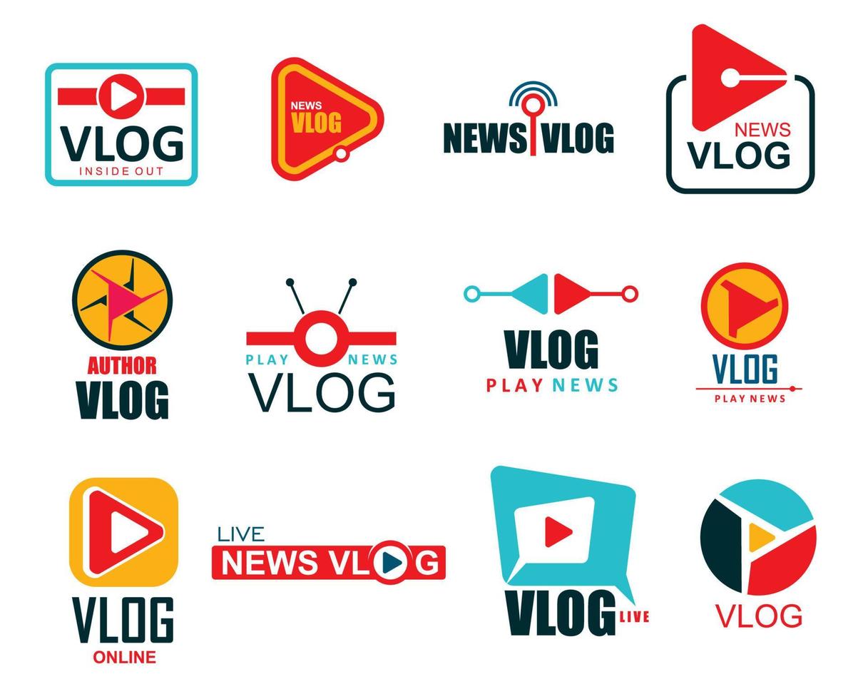 Iconos de vlog, transmisión de televisión y blog de transmisión en vivo vector