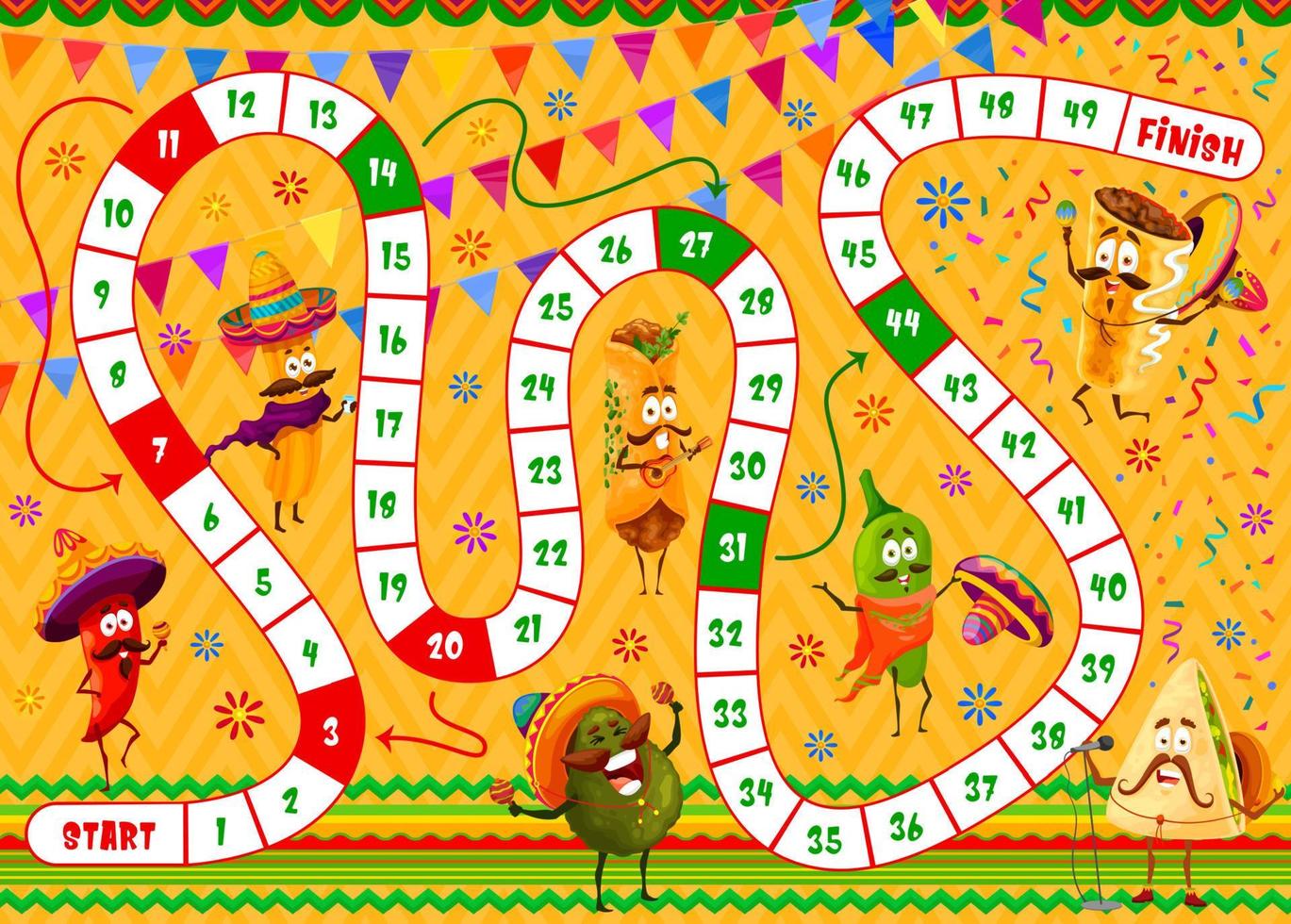 Board game with mexican burrito, avocado, tortilla 12484365 Vector Art
