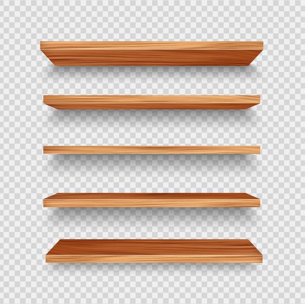 Wooden store shelf, realistic 3D shelves on wall vector