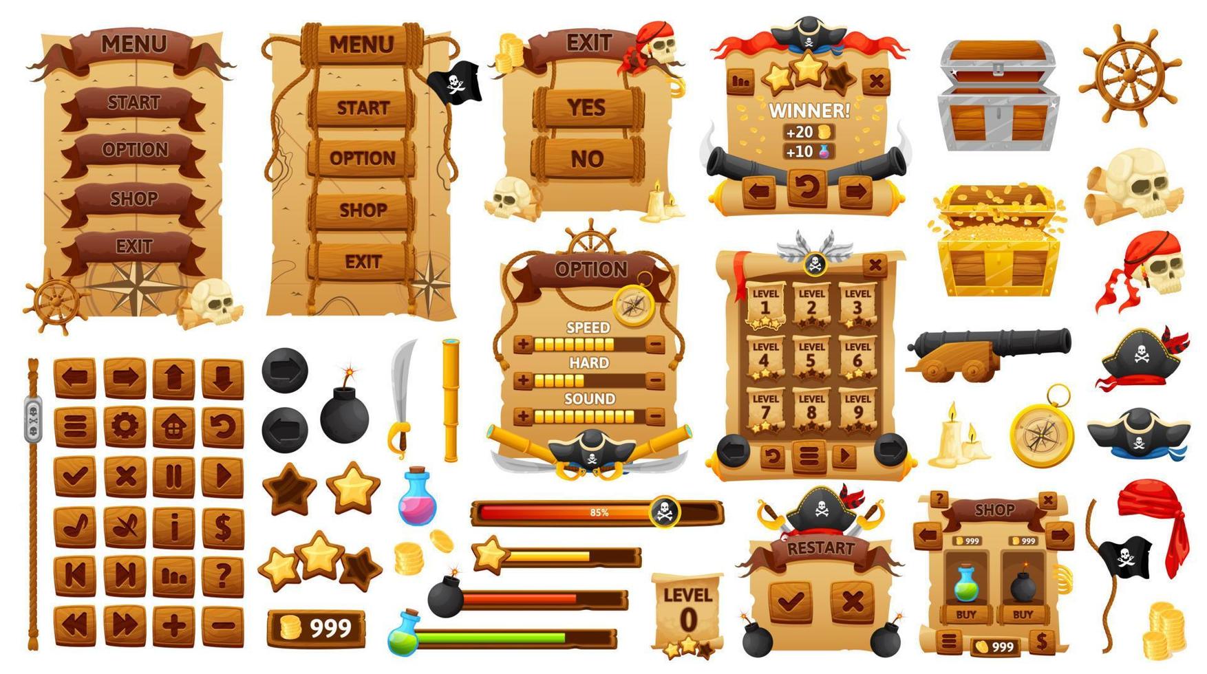 Pirates and corsairs game interface, ui buttons vector