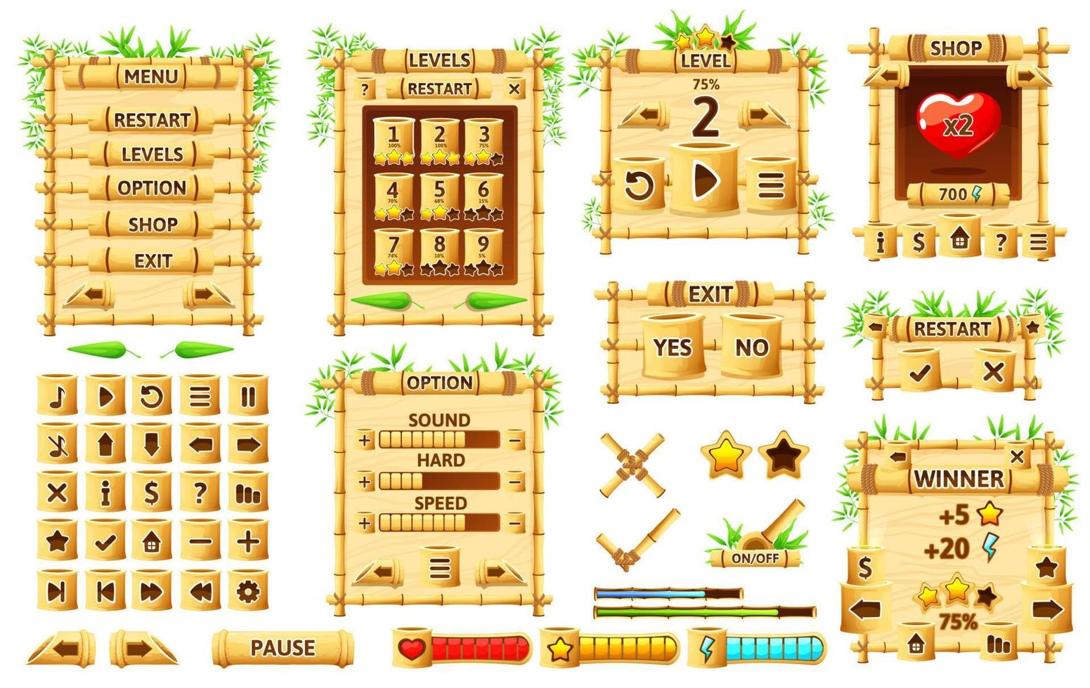 Bamboo jungle game interface, ui or gui buttons vector