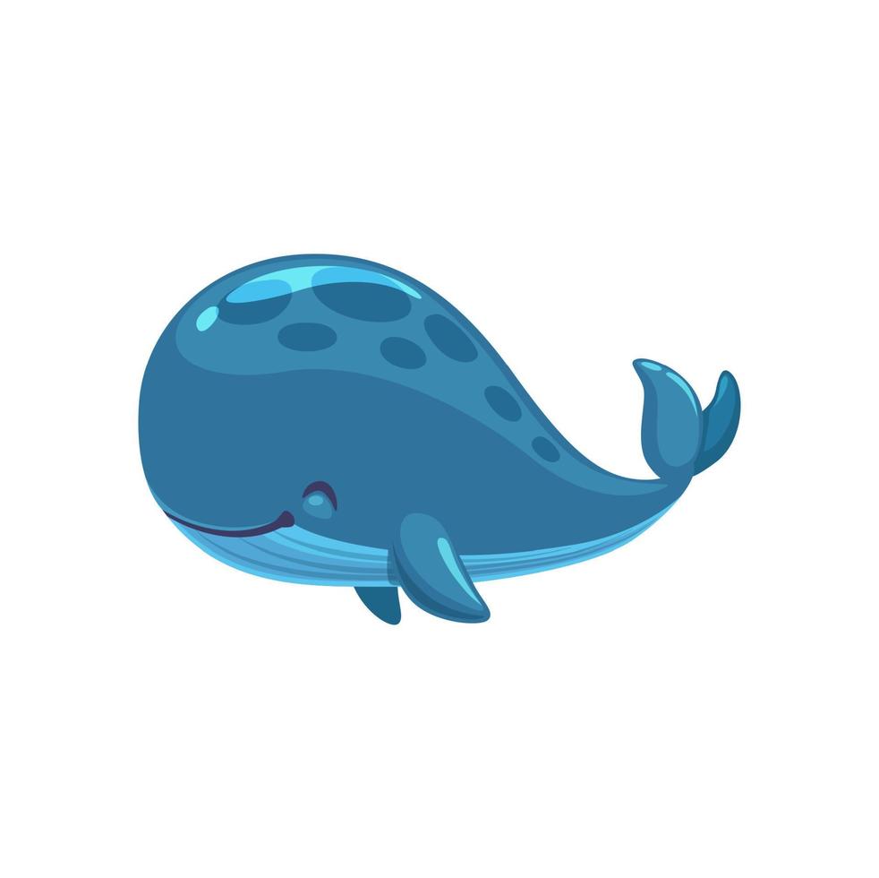 Cartoon cute blue whale character, sea animal vector