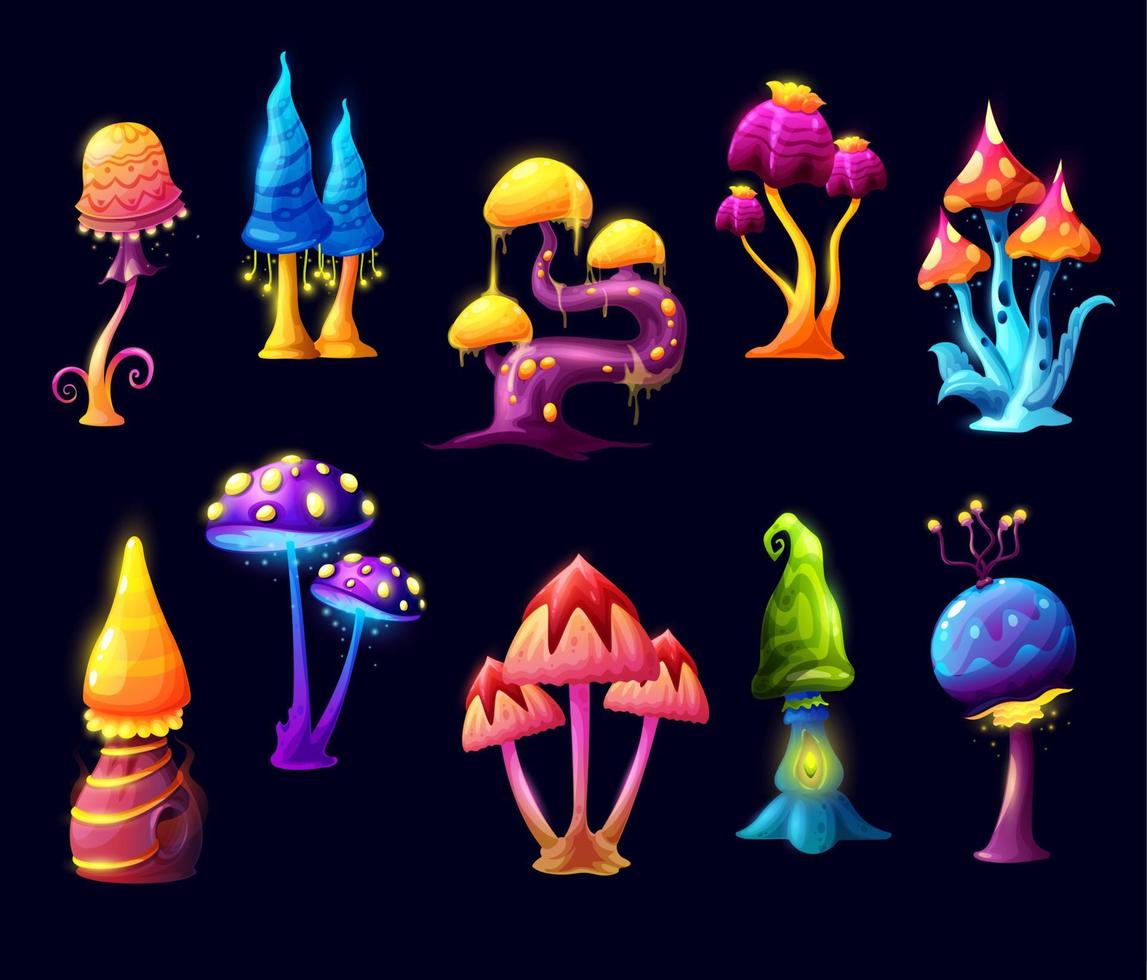 Fairy cartoon mushrooms and luminous toadstools vector