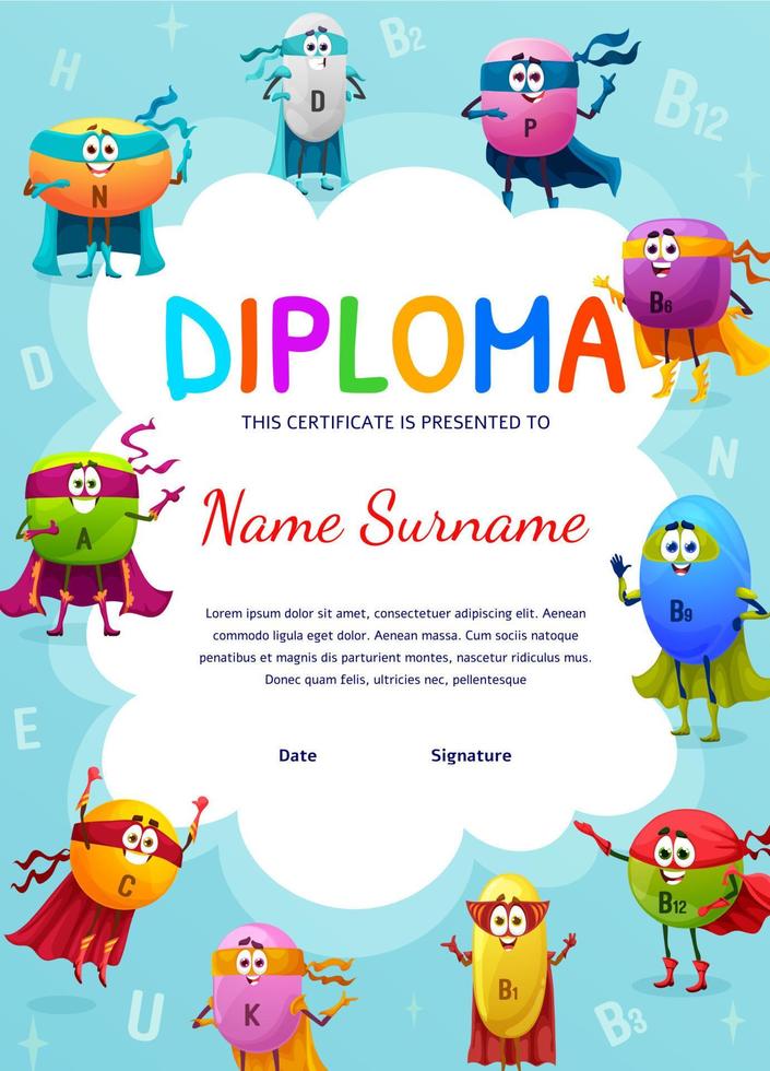 diploma de niños, personajes de superhéroes de vitamina de dibujos animados vector