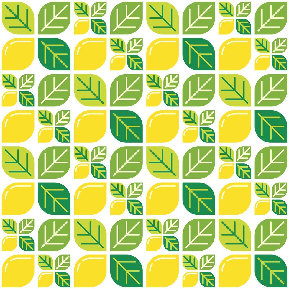 Yellow lemon themed background and leaves. Geometric seamless fruit pattern motif. Simple flat vector illustration. Lemonade, lime, citrus, and orange. For backdrops, covers, prints, and wallpapers.