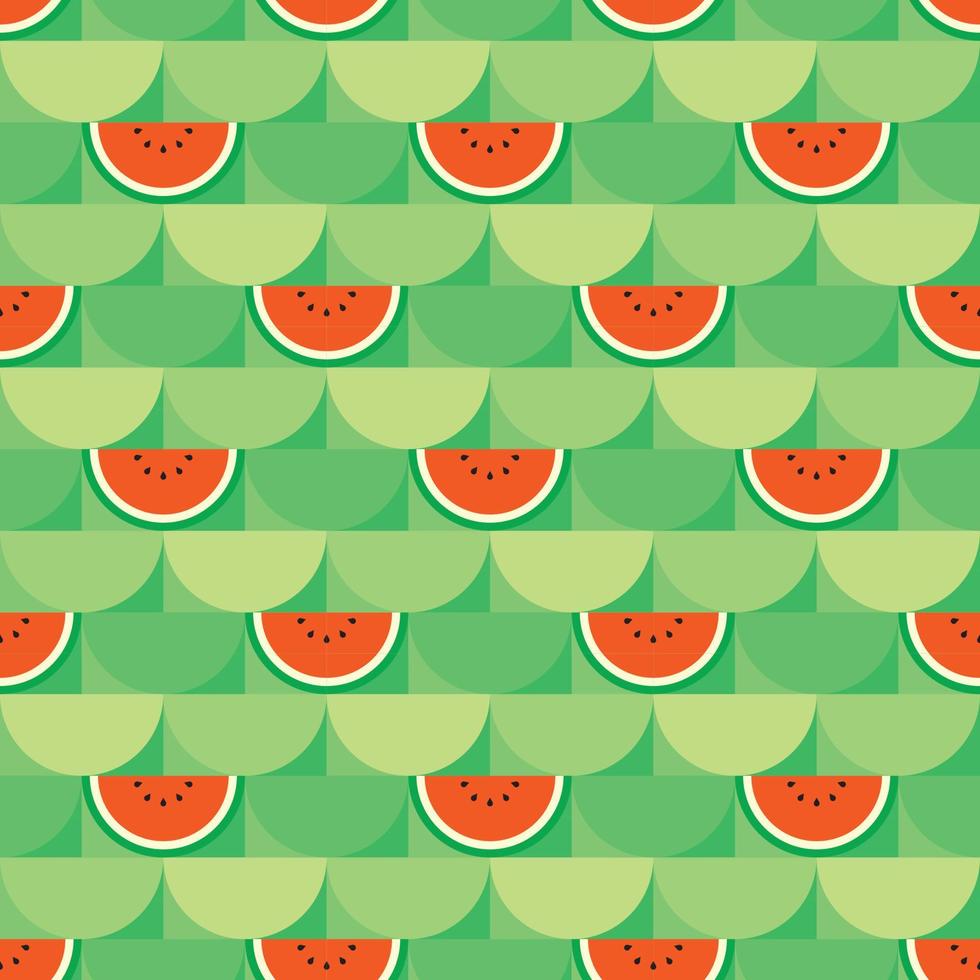 fondo temático de sandía roja. motivo de patrón de fruta de semicírculo geométrico sin costuras. ilustración de vector plano simple. sandía cortada por la mitad. para telones de fondo, cubiertas, estampados, telas y papeles pintados.