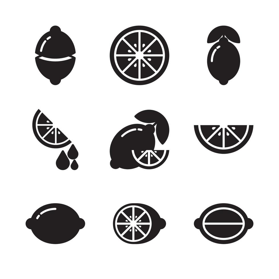 Lemon icon set. Minimalist symbol in black, isolated on a white background. Simple flat vector of fresh fruit. Lime, lemonade, oranges, citrus and leaves. Various shapes of whole objects and slices.