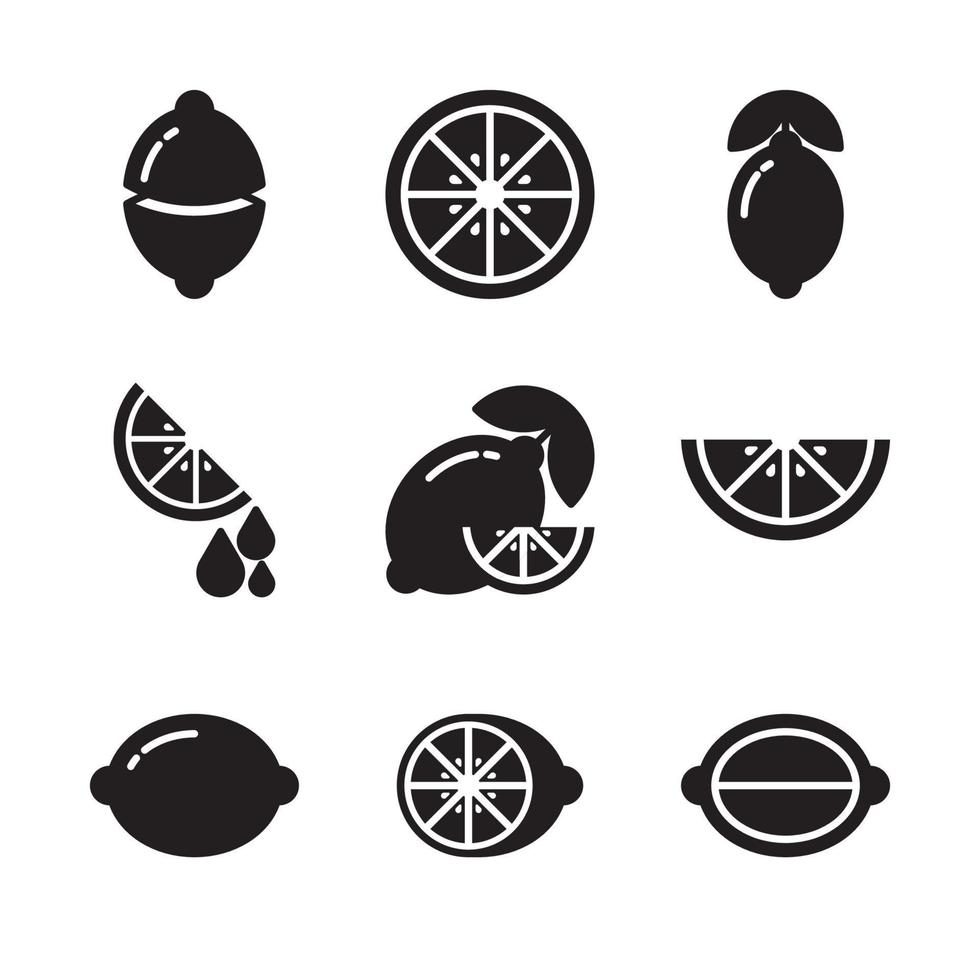 conjunto de iconos de limón. símbolo minimalista en negro, aislado en un fondo blanco. simple vector plano de fruta fresca. lima, limonada, naranjas, cítricos y hojas. varias formas de objetos enteros y rebanadas.