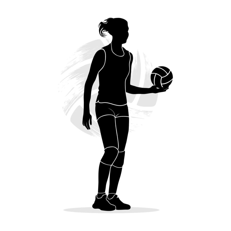 silueta de jugadora de voleibol de pie y sosteniendo la pelota vector