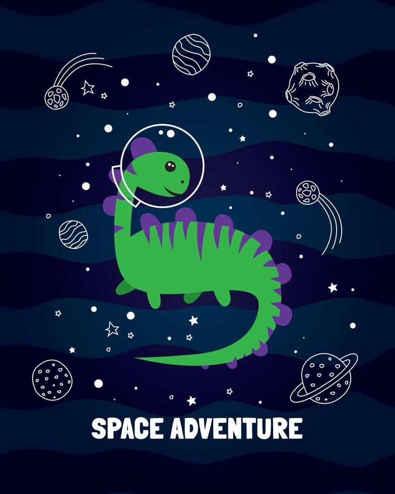 Poster with green dinosaur in space vector