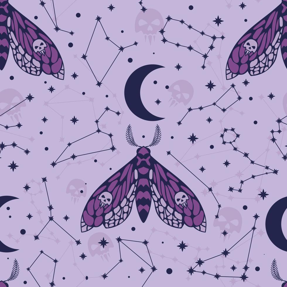 Pattern with dead head butterfly, moon and constellations vector