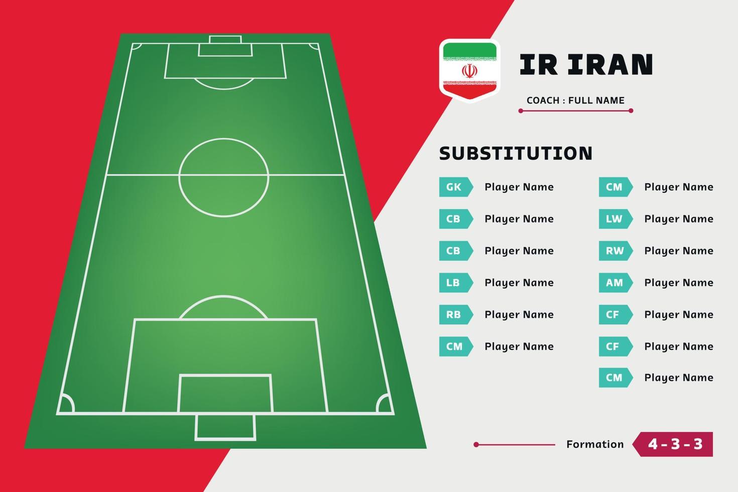 vector de plantilla de diseño de fútbol de equipo de jugador de tablero de sustitución. lista país copa del mundo. adecuado para contenido de redes sociales, promoción e información.