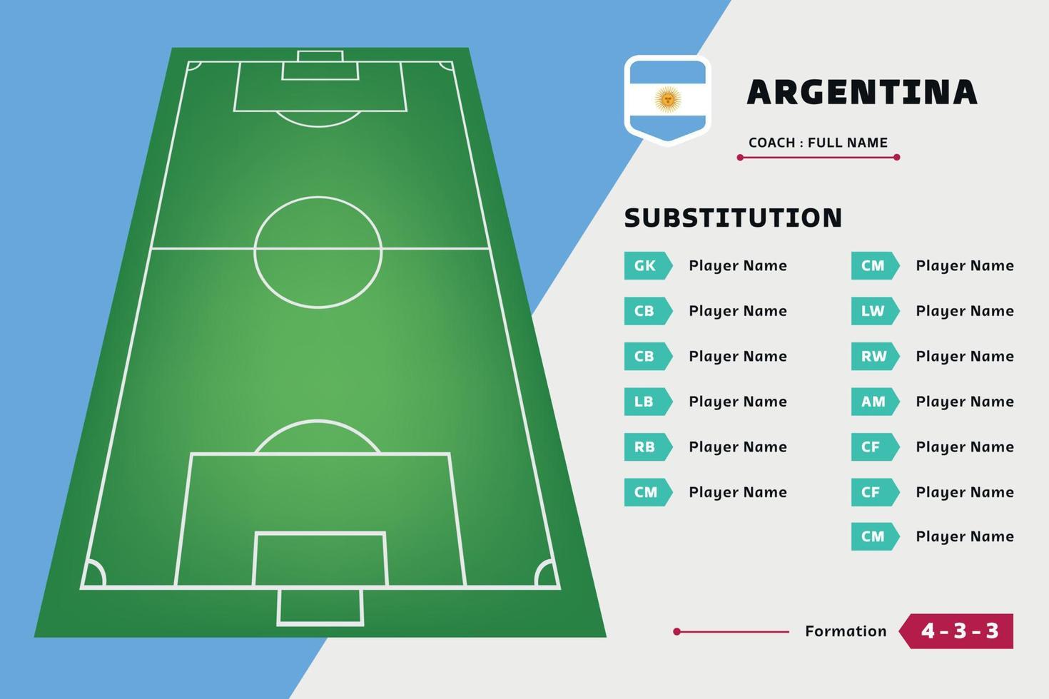 vector de plantilla de diseño de fútbol de equipo de jugador de tablero de sustitución. lista país copa del mundo. adecuado para contenido de redes sociales, promoción e información.