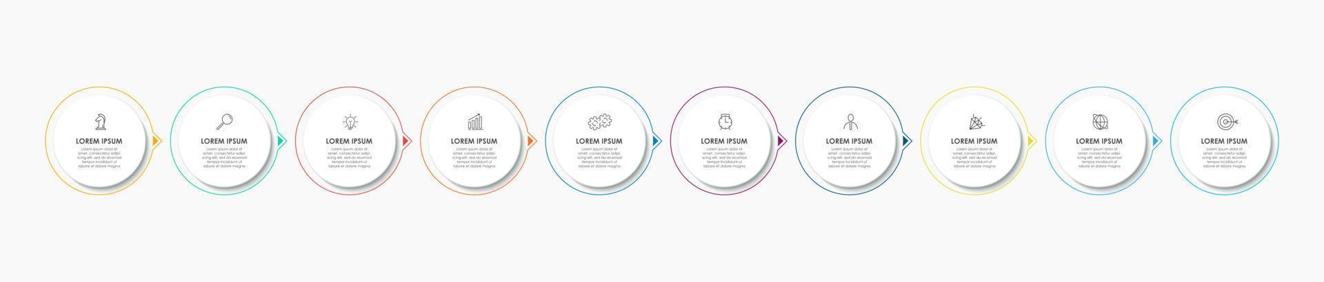 Business Infographics template. Timeline with 10 steps, options and marketing icons .Vector linear infographic with two circle conected elements. Can be use for presentation. vector