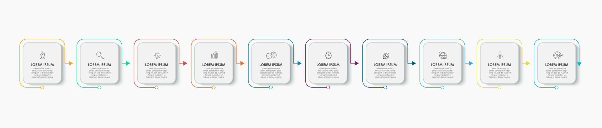 plantilla de infografía empresarial. Línea de tiempo con 10 pasos, opciones e íconos de marketing. Infografía lineal vectorial con dos elementos conectados en círculo. puede ser utilizado para la presentación. vector