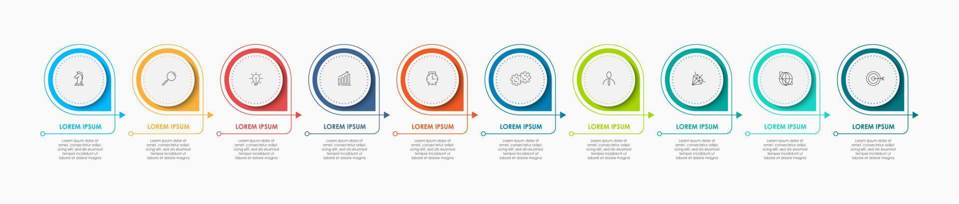 plantilla de infografía empresarial. Línea de tiempo con 10 pasos, opciones e íconos de marketing. Infografía lineal vectorial con dos elementos conectados en círculo. puede ser utilizado para la presentación. vector