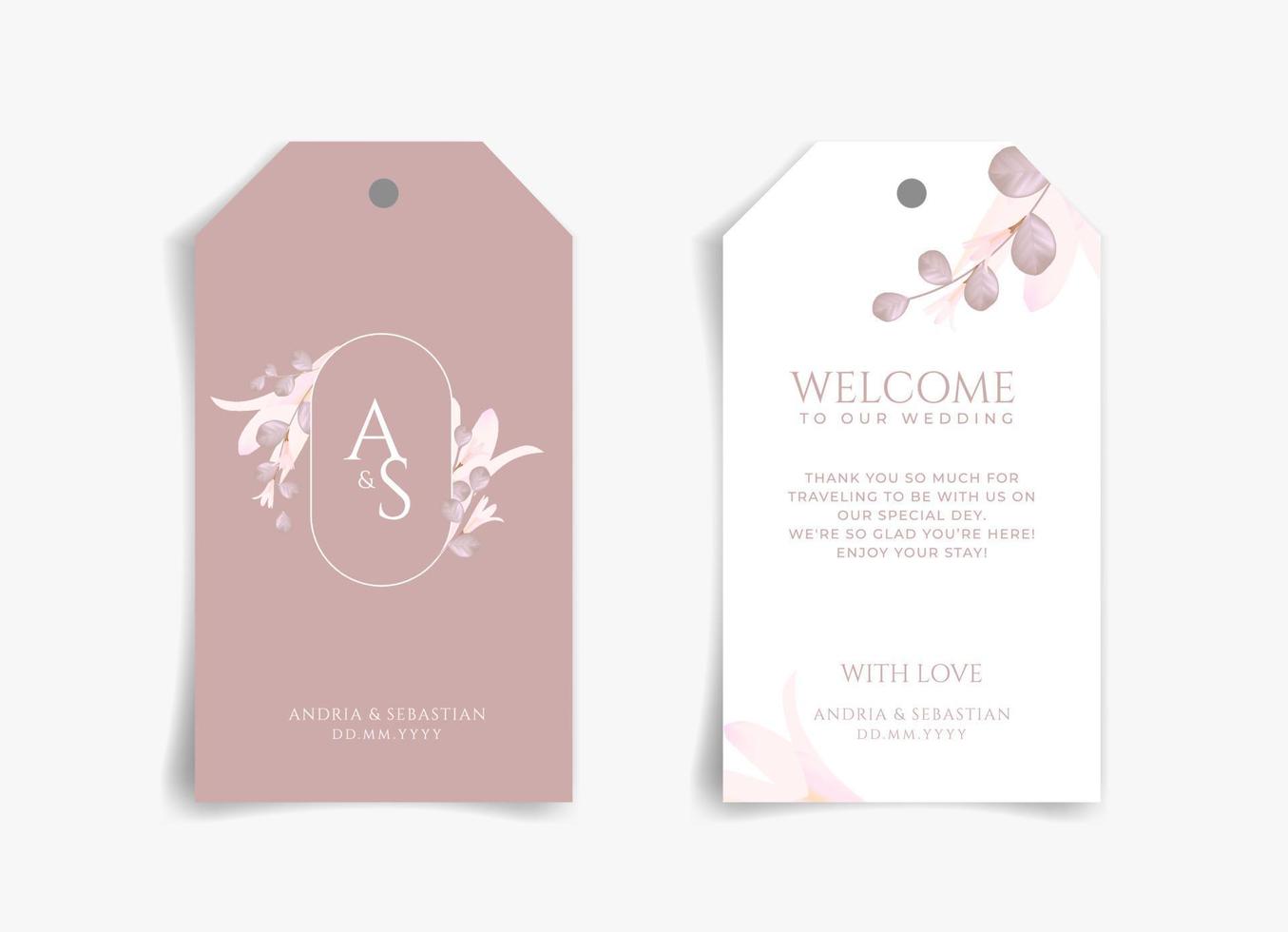 Pink flower on pink and white wedding gift card or thank you card, wedding tag, gift tag with front side and backside. Nature theme wedding card. Nature cover. Wedding tag card template. vector