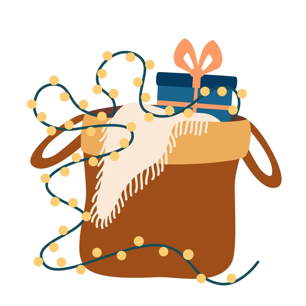 cesta de mimbre con regalos de navidad al estilo boho. decoración para el hogar, interior, decoración y navidad. ilustración dibujada a mano aislada en el fondo blanco vector