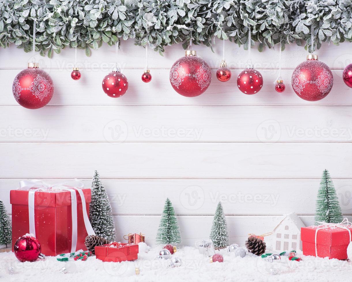 Balls baubles snow of Merry Christmas and Happy New Year decoration for celebration on white wood background with copy space. photo