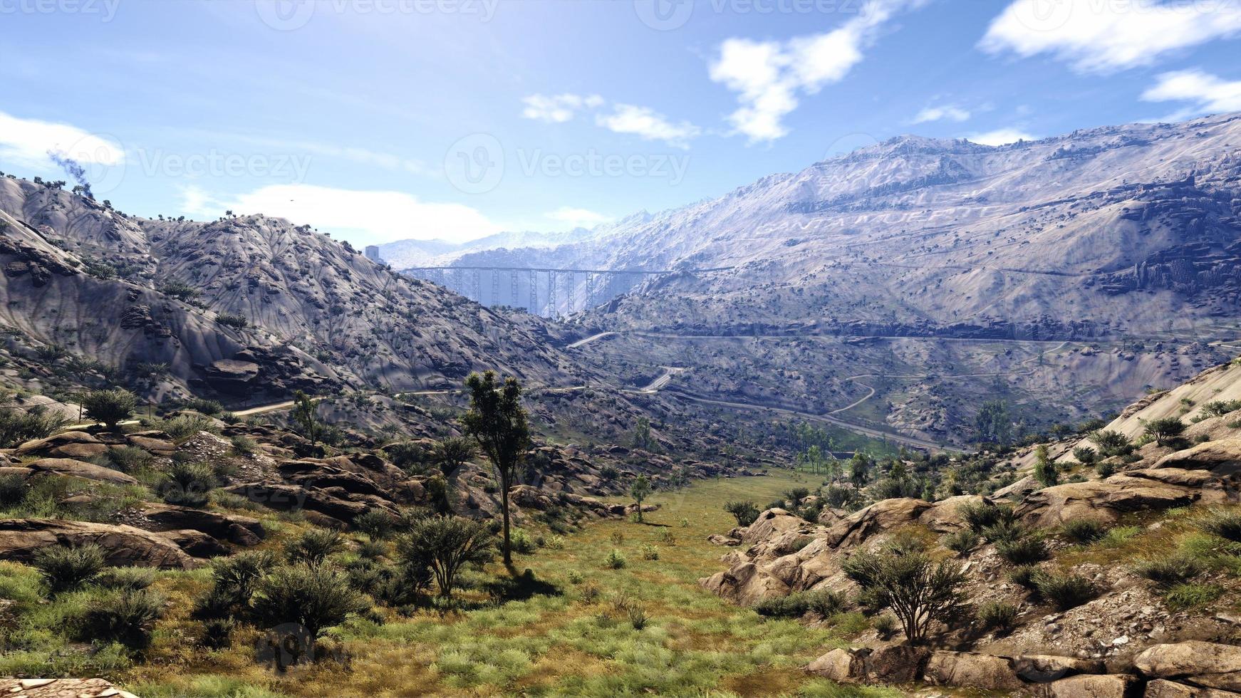 Rich natural forest area, streams, sky, mountains and various plants 3D rendering photo