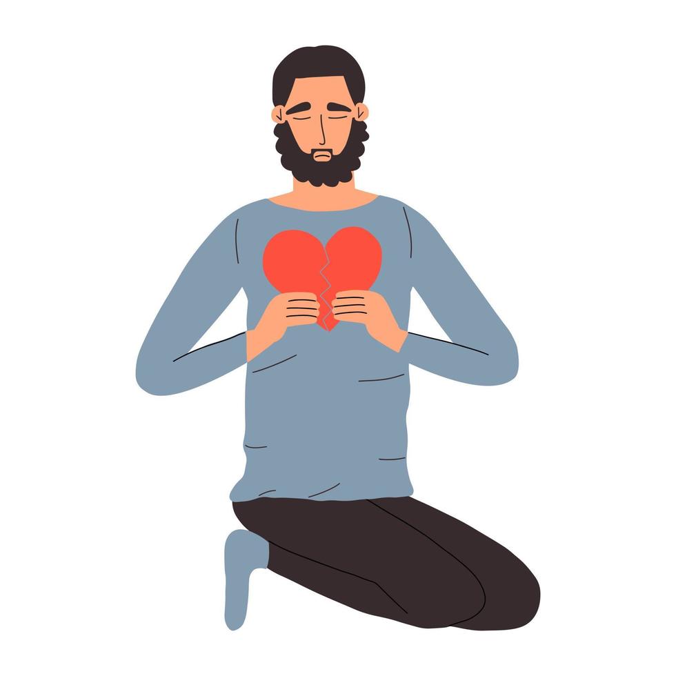 A sad man stands and holds a broken heart in his hands. The concept of stress when parting with a loved one. Vector illustration in flat style