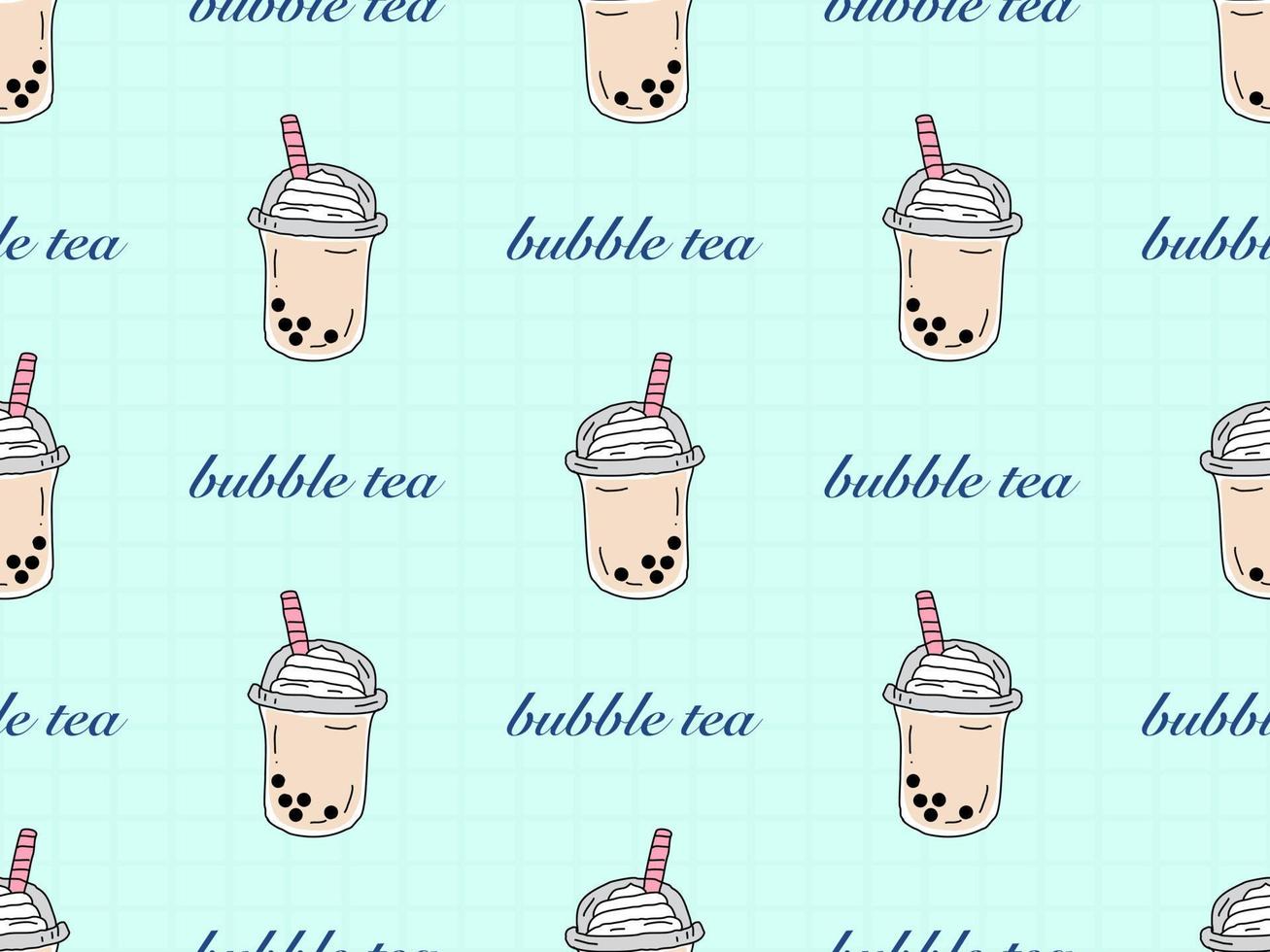 Bubble tea cartoon character seamless pattern on green background vector