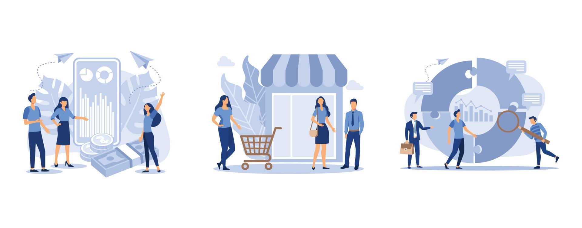 Financial transactions, non-cash payment transactions, various shops, Symbol of teamwork, cooperation, partnership, set flat vector modern illustration