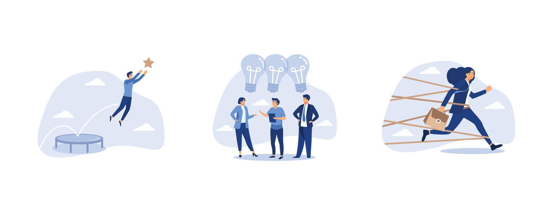 business tools advantage to reach goal or target, collaboration brainstorming and meeting of creative creative people with light bulb ideas, woman career obstacle or inequality, vector