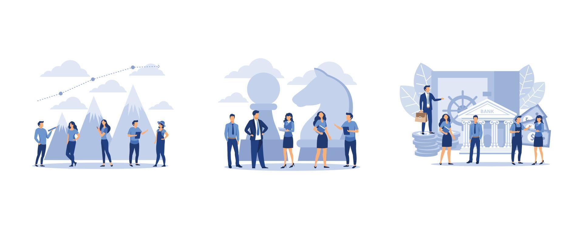 business people conquer the mountain,  businessmen plan a business plan strategy,  bank employees, set flat vector modern illustration