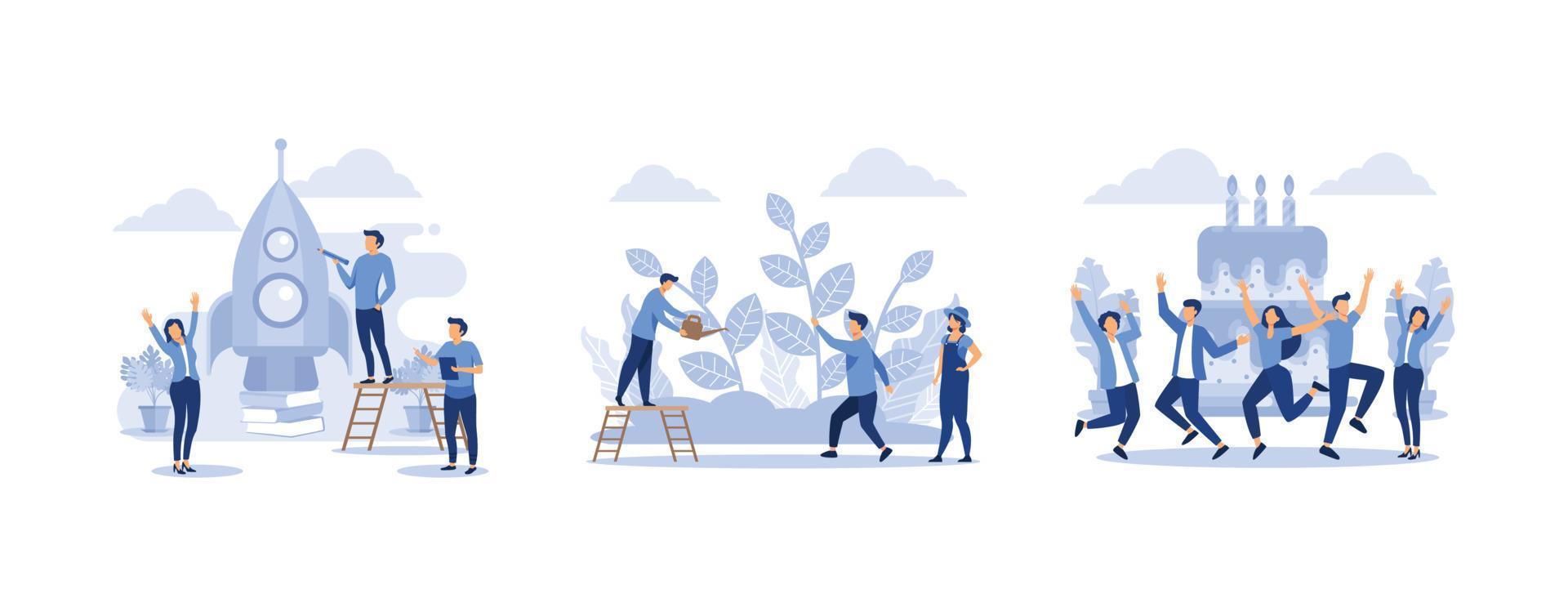 people are building a spaceship rocket, grow a plant,  little people celebrate corporate at work standing near a big cake, set flat vector modern illustration
