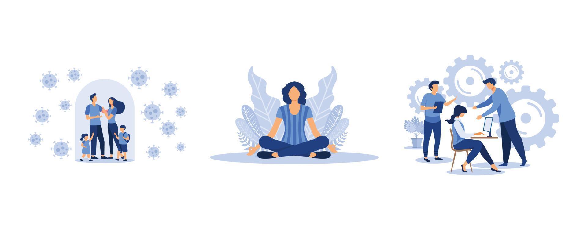 social networking, the girl sits in the lotus position , Family quarantined and isolated under a glass dome under protection, set flat vector modern illustration