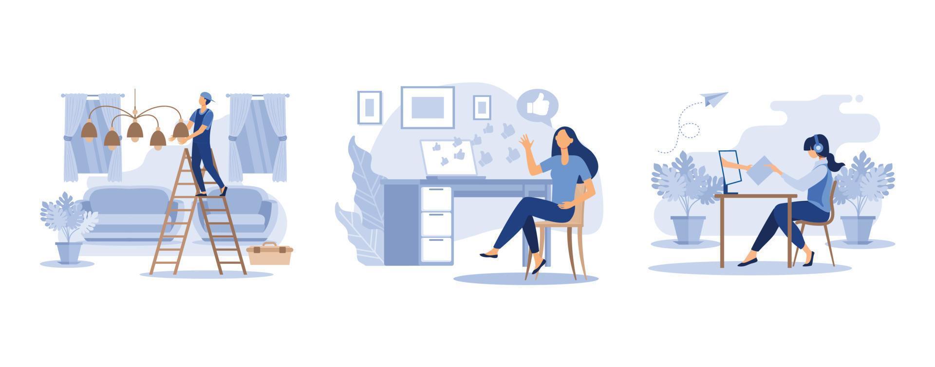 brainstorming,  joyful girl with a phone in her hand likes, have dialogue and communicate at workplace between colleagues, set flat vector modern illustration