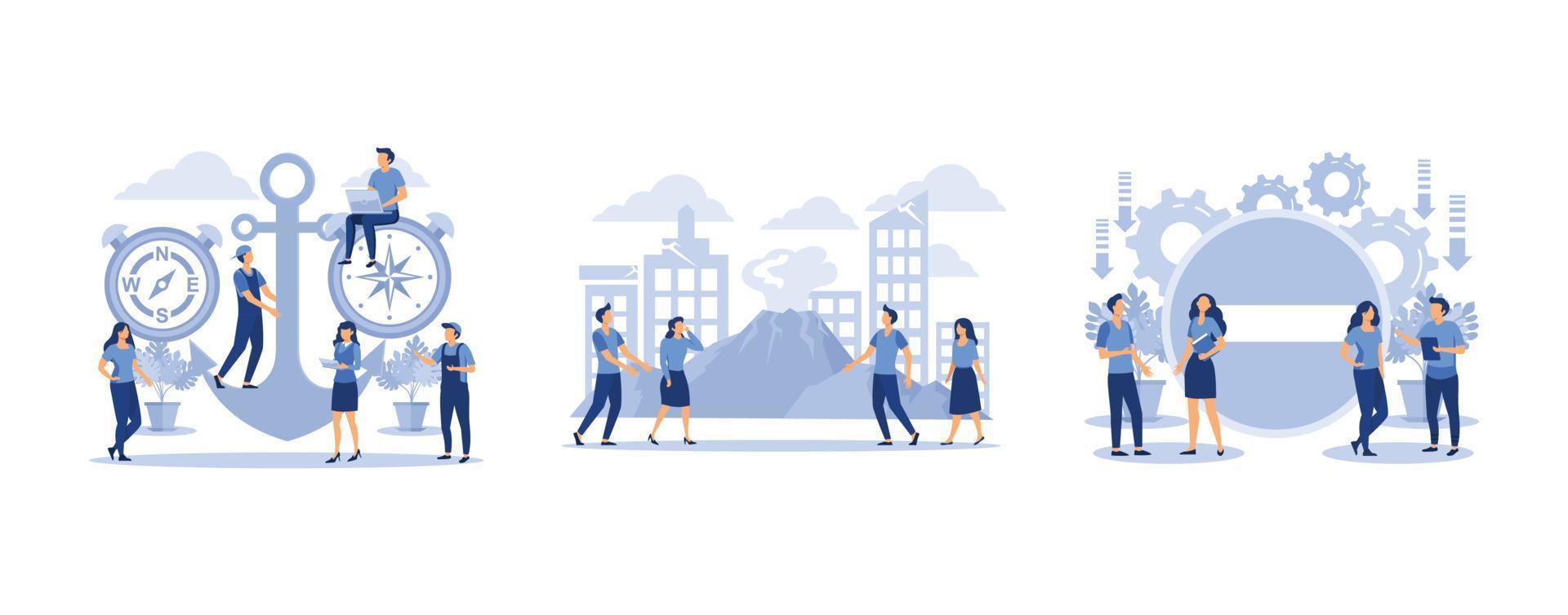 leadership qualities in the creative team,  volcanic eruption,  problems at work, set flat vector modern illustration