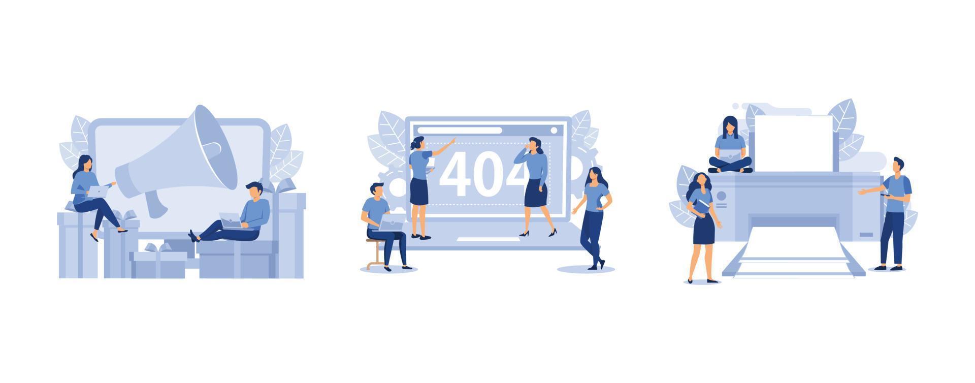 business promotion,  error 404,  people print documents, set flat vector modern illustration