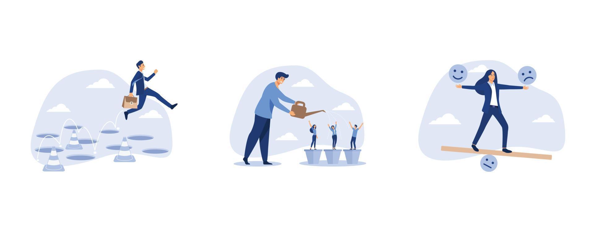 smart businessman jump pass many pitfalls to achieve business success, businessman manager watering growth talented staff in grow seedling pot, vector