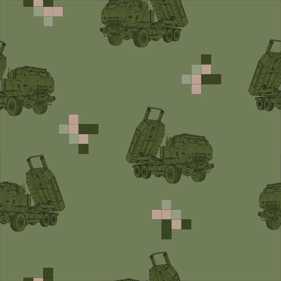 HIMARS Olive color Pattern. Artillery Rocket System. Tactical truck. Printable design. Wallpaper element. Random square pattern. vector